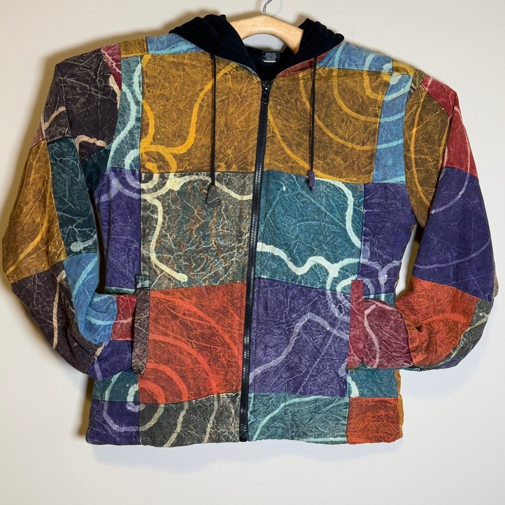 Everest Craft Nepal Batik Patchwork Hooded Jacket Cotton Boho Lagenlook Artsy